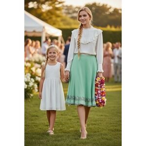 Elie Tahari Mint Green Silk Cotton‎ Embroidered Beaded Skirt Midi 4 Garden Party